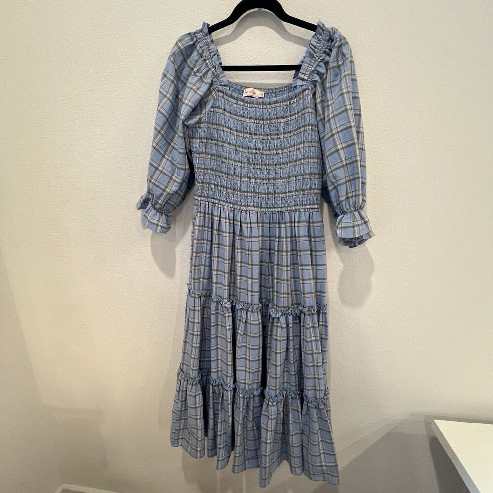Ivy City Co Ligth Blue Plaid Smocked Square Neck Puff Sleeve Midi Dress M